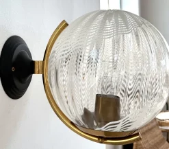 Hot Pamono Large Italian Wall Lights with White Striped Wavy Glass Globes, 1970s, Set of 2