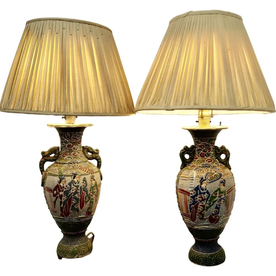 Sale Pamono Large Japanese Satsuma Lamps, 1920s, Set of 2