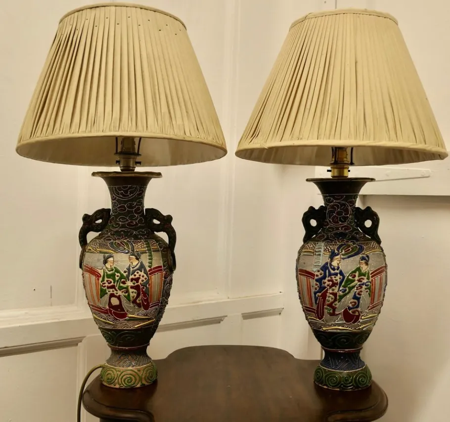 Sale Pamono Large Japanese Satsuma Lamps, 1920s, Set of 2