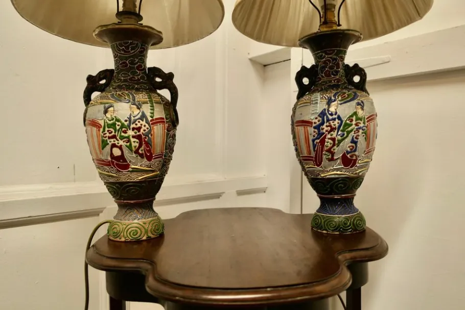 Sale Pamono Large Japanese Satsuma Lamps, 1920s, Set of 2