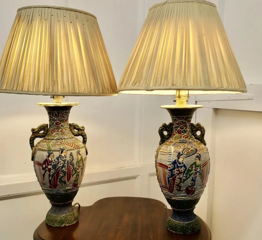 Sale Pamono Large Japanese Satsuma Lamps, 1920s, Set of 2
