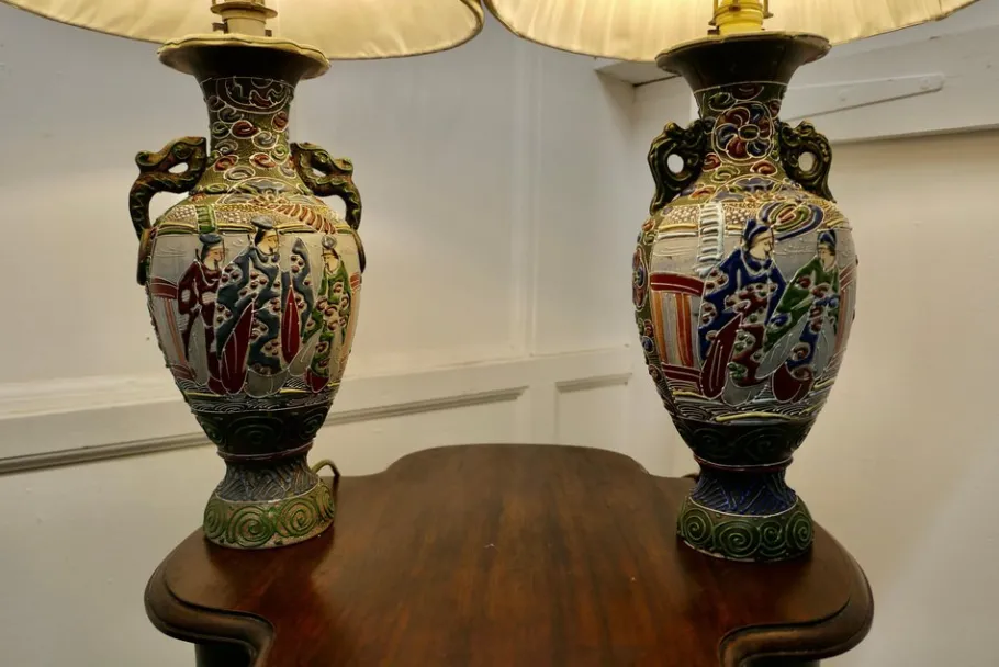 Sale Pamono Large Japanese Satsuma Lamps, 1920s, Set of 2