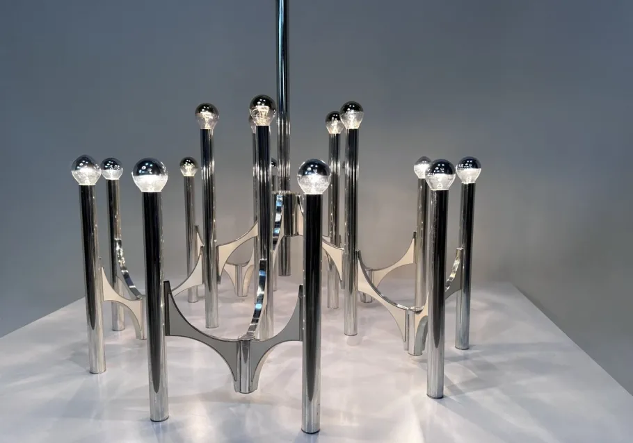 Clearance Pamono Large 15-Light Silver-Plated Chandelier by Gaetano Sciolari, Italy, 1960s