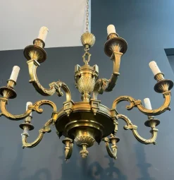 Best Pamono Large Louis XVI Style Chased Bronze Chandelier with 8 Light Arms by Lucien Gau