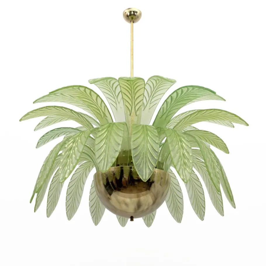 Clearance Pamono Large Mid-Century Modern Palm Leaf Chandelier in Murano Glass and Brass, 1970s