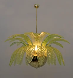 Clearance Pamono Large Mid-Century Modern Palm Leaf Chandelier in Murano Glass and Brass, 1970s