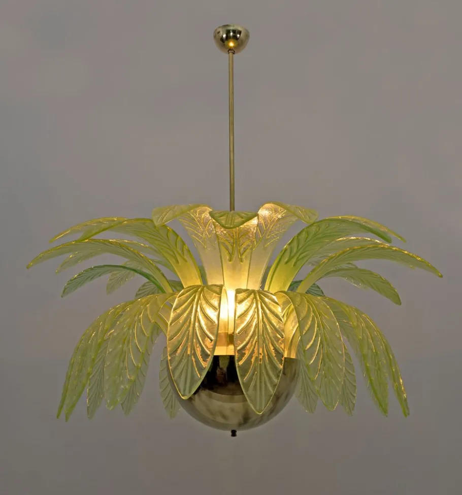Clearance Pamono Large Mid-Century Modern Palm Leaf Chandelier in Murano Glass and Brass, 1970s