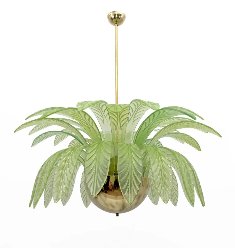 Clearance Pamono Large Mid-Century Modern Palm Leaf Chandelier in Murano Glass and Brass, 1970s