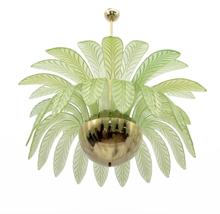 Clearance Pamono Large Mid-Century Modern Palm Leaf Chandelier in Murano Glass and Brass, 1970s