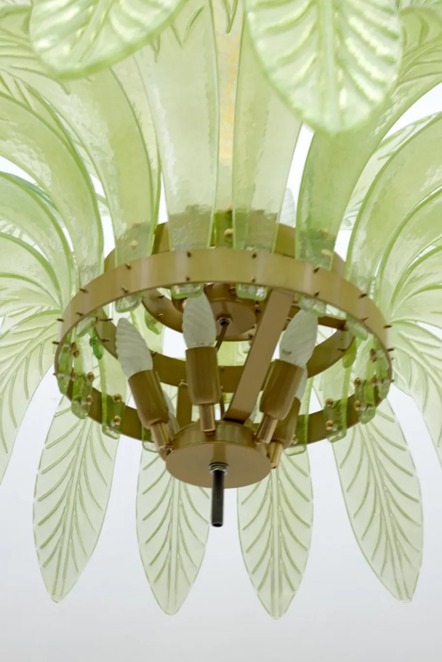 Clearance Pamono Large Mid-Century Modern Palm Leaf Chandelier in Murano Glass and Brass, 1970s