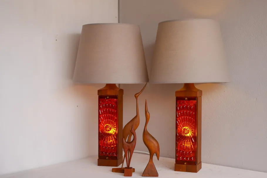 Discount Pamono Large Mid-Century Modern Scandinavian Teak and Glass Table Lamps from Hovmantorp, Set of 2