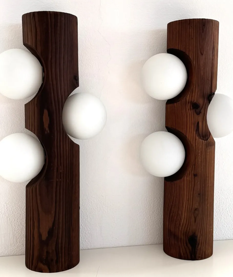 Best Pamono Large Mid-Century Pine Tree Trunk and Glass Sphere Wall Sconces, 1970s, Set of 2