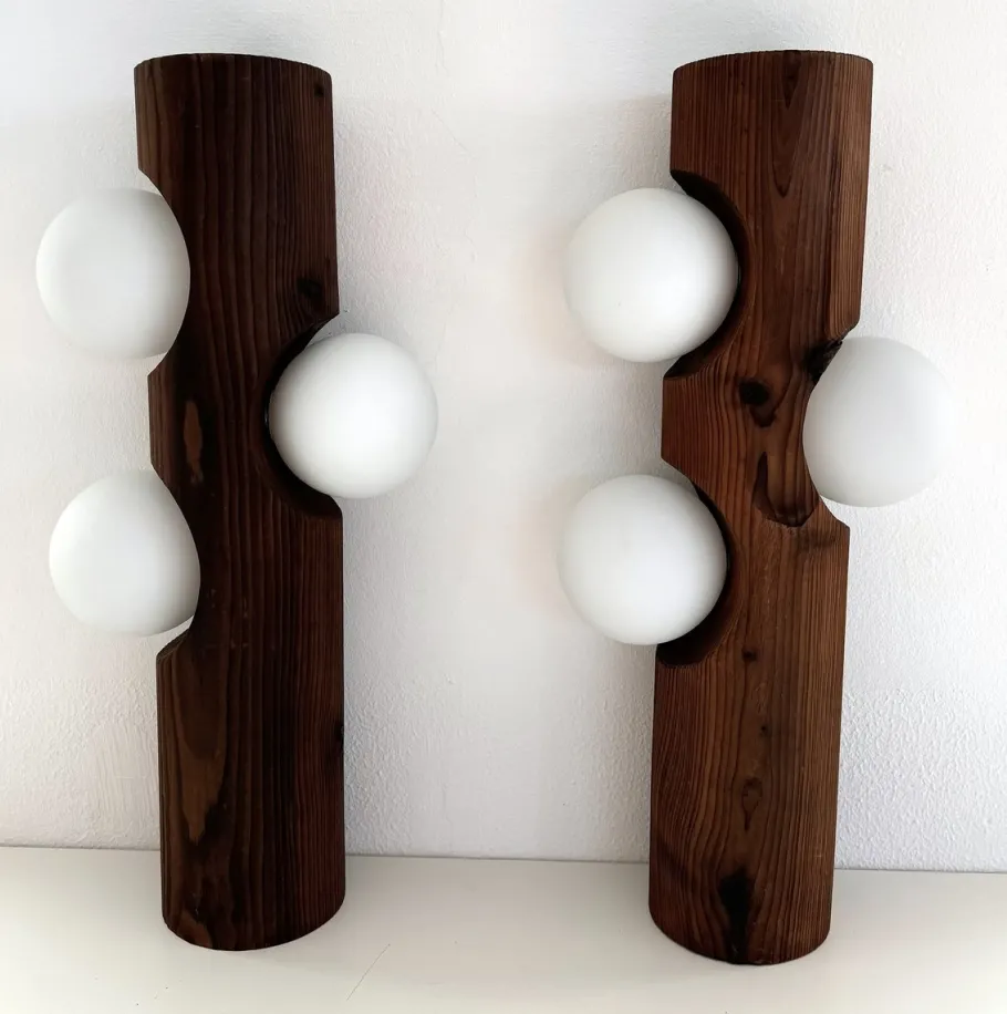 Best Pamono Large Mid-Century Pine Tree Trunk and Glass Sphere Wall Sconces, 1970s, Set of 2