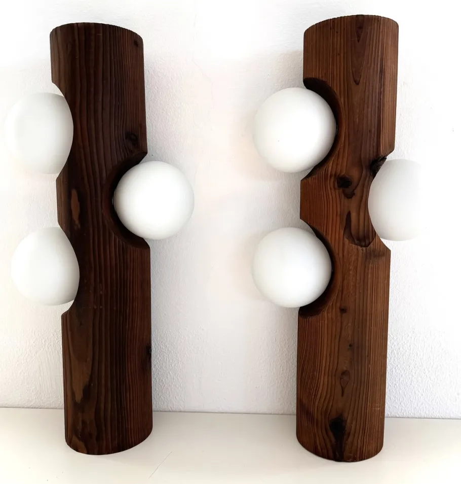 Best Pamono Large Mid-Century Pine Tree Trunk and Glass Sphere Wall Sconces, 1970s, Set of 2