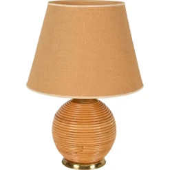 Hot Pamono Large Mid-Century Table Lamp in Rattan and Brass attributed to Vivai del Sud, Italy, 1970s