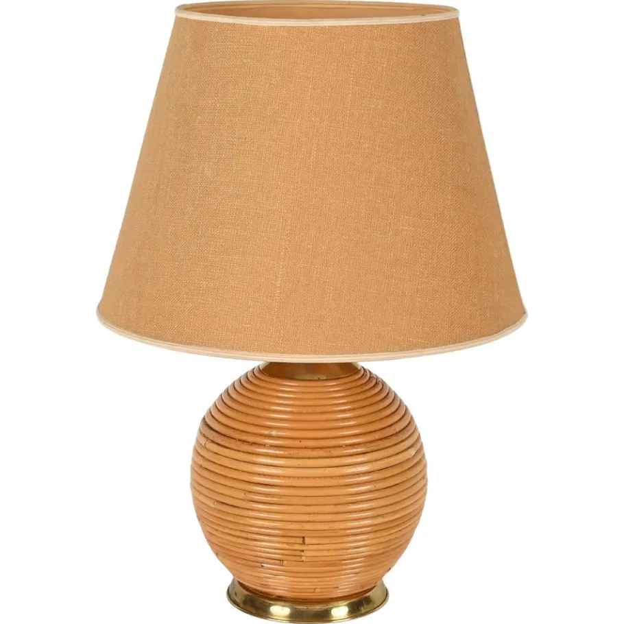 Hot Pamono Large Mid-Century Table Lamp in Rattan and Brass attributed to Vivai del Sud, Italy, 1970s