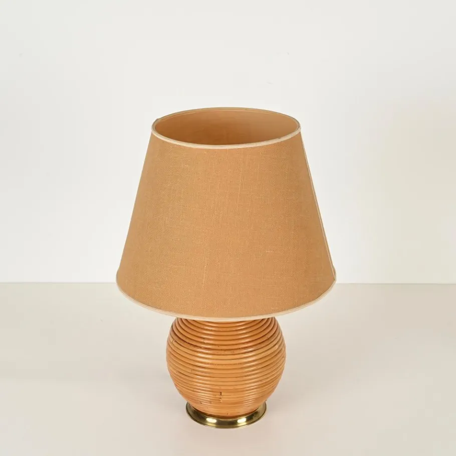 Hot Pamono Large Mid-Century Table Lamp in Rattan and Brass attributed to Vivai del Sud, Italy, 1970s