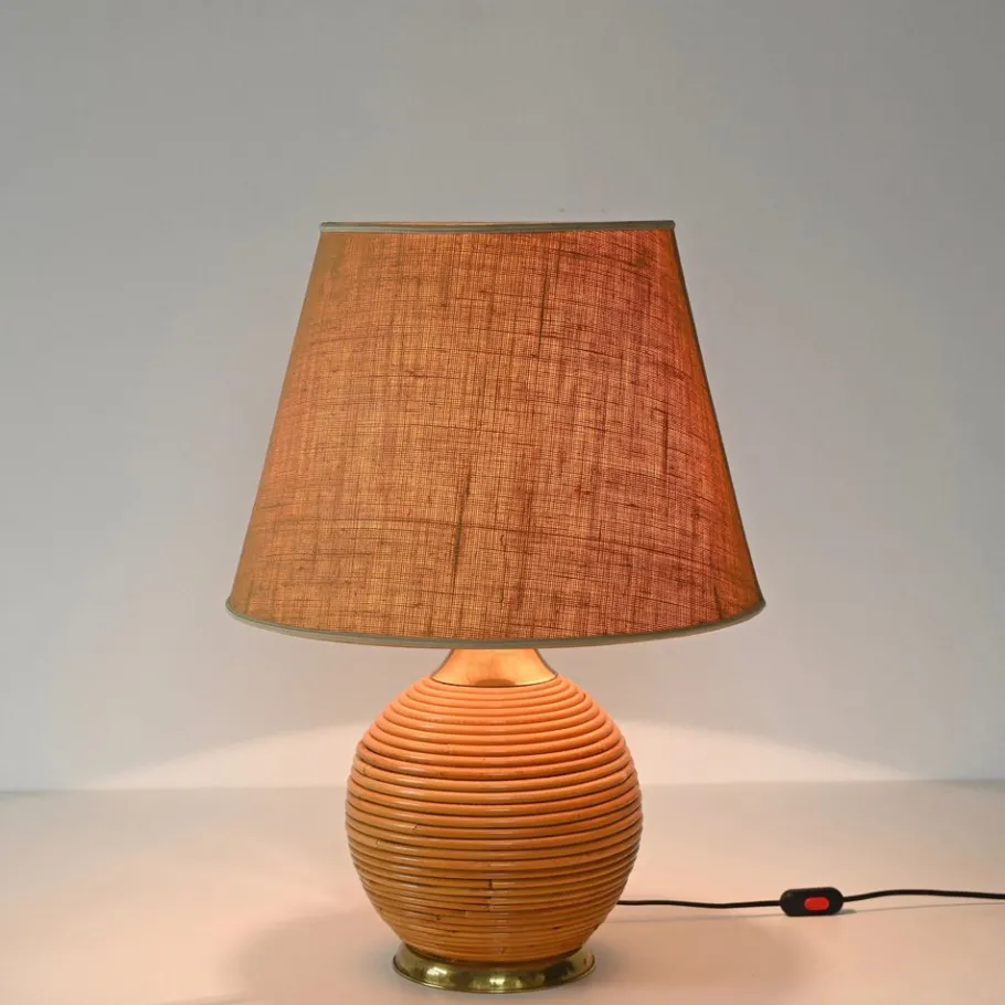 Hot Pamono Large Mid-Century Table Lamp in Rattan and Brass attributed to Vivai del Sud, Italy, 1970s