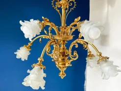 Hot Pamono Large Ornate Bronze Chandelier with Floral Frosted Glass Shades, 1890s
