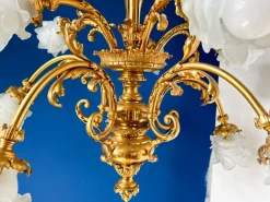 Hot Pamono Large Ornate Bronze Chandelier with Floral Frosted Glass Shades, 1890s