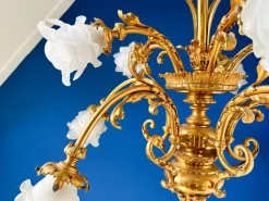 Hot Pamono Large Ornate Bronze Chandelier with Floral Frosted Glass Shades, 1890s