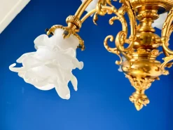 Hot Pamono Large Ornate Bronze Chandelier with Floral Frosted Glass Shades, 1890s