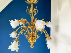 Hot Pamono Large Ornate Bronze Chandelier with Floral Frosted Glass Shades, 1890s