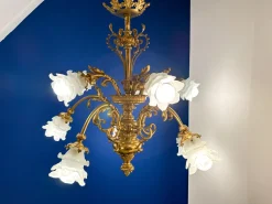 Hot Pamono Large Ornate Bronze Chandelier with Floral Frosted Glass Shades, 1890s