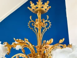 Hot Pamono Large Ornate Bronze Chandelier with Floral Frosted Glass Shades, 1890s