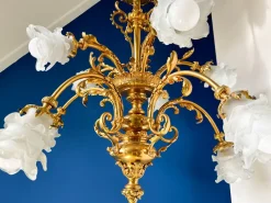 Hot Pamono Large Ornate Bronze Chandelier with Floral Frosted Glass Shades, 1890s