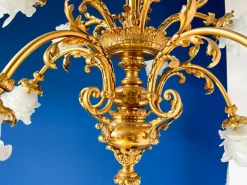 Hot Pamono Large Ornate Bronze Chandelier with Floral Frosted Glass Shades, 1890s