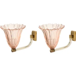 Clearance Pamono Large Pink Murano Glass and Brass Flower Sconces, 1940s, Set of 2
