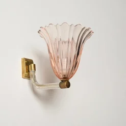 Clearance Pamono Large Pink Murano Glass and Brass Flower Sconces, 1940s, Set of 2