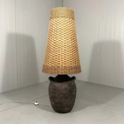 Sale Pamono Large Pottery Amphora Floor Lamp with Caned Lamp Shade, 1960s