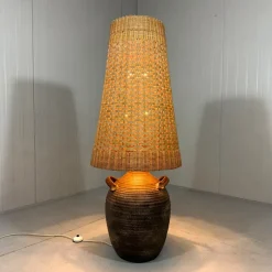 Sale Pamono Large Pottery Amphora Floor Lamp with Caned Lamp Shade, 1960s