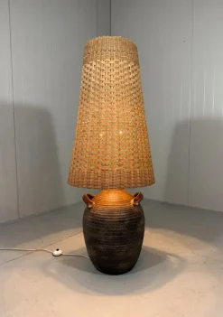 Sale Pamono Large Pottery Amphora Floor Lamp with Caned Lamp Shade, 1960s
