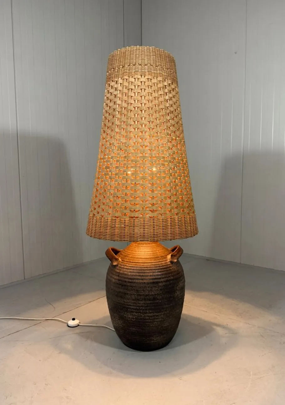 Sale Pamono Large Pottery Amphora Floor Lamp with Caned Lamp Shade, 1960s