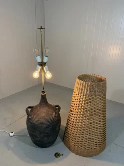 Sale Pamono Large Pottery Amphora Floor Lamp with Caned Lamp Shade, 1960s