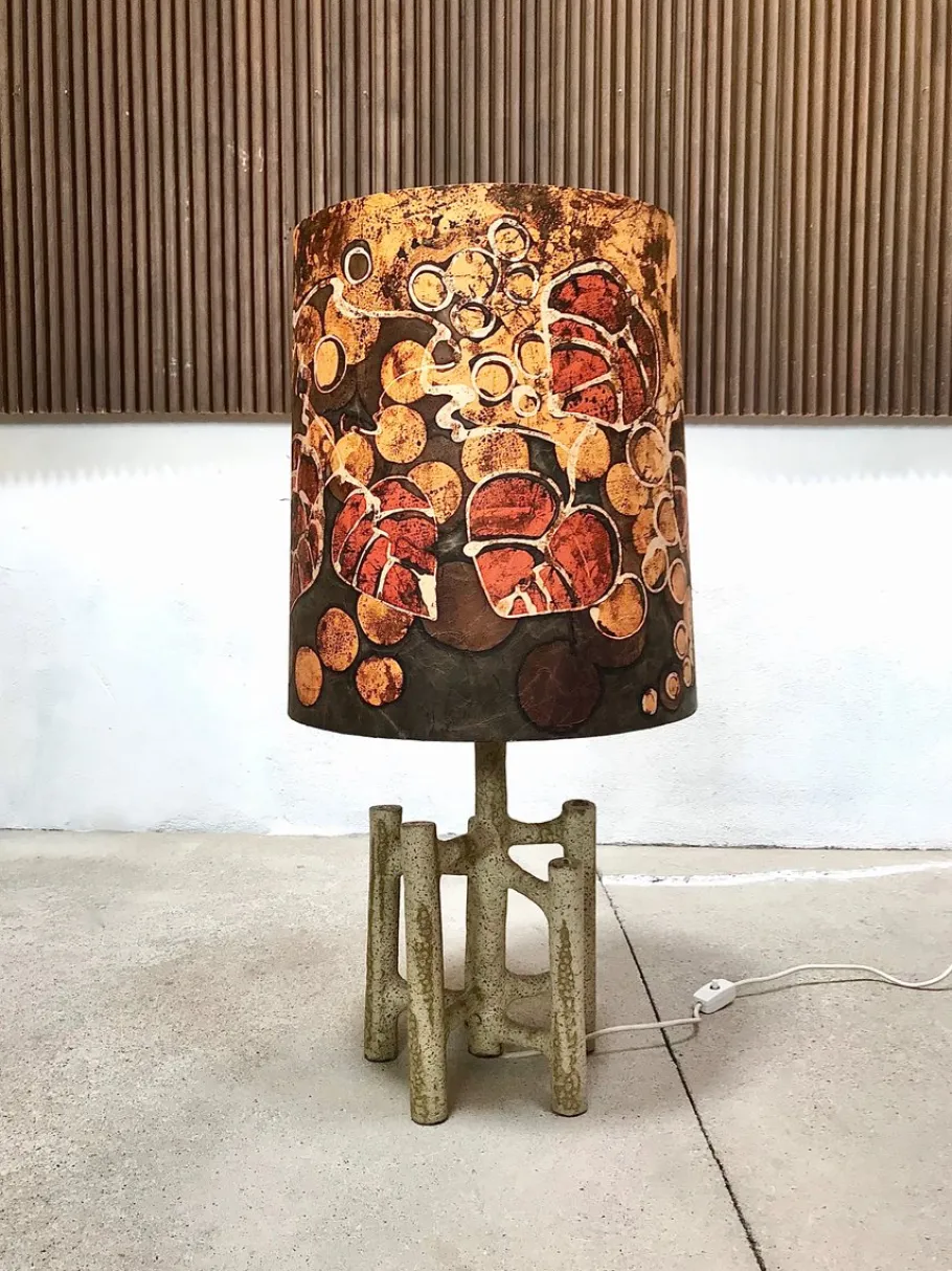 Best Pamono Large Sculptural Ceramic Table Lamp with Batik Shade, 1960s