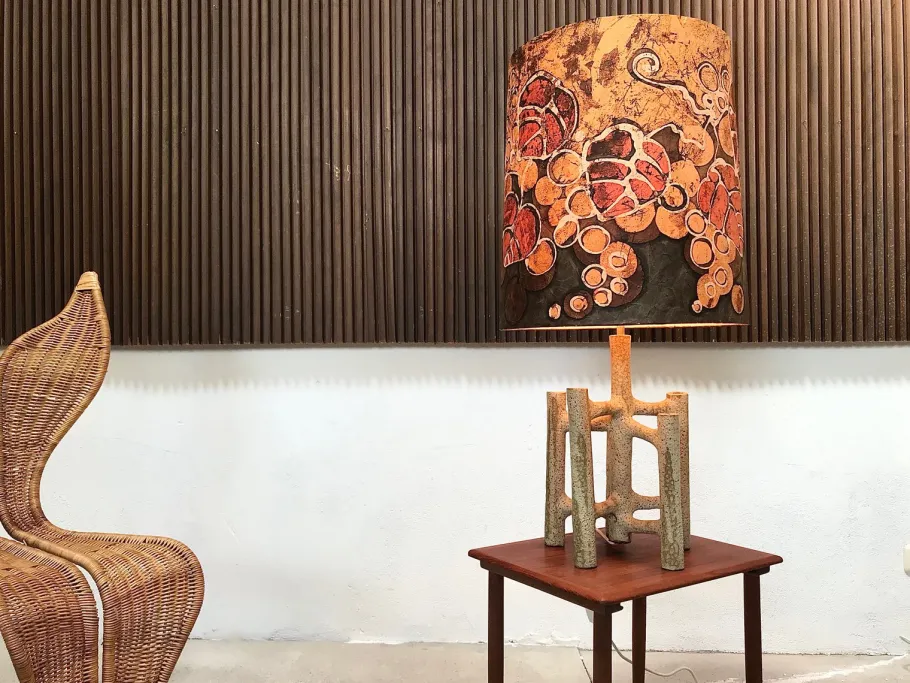 Best Pamono Large Sculptural Ceramic Table Lamp with Batik Shade, 1960s