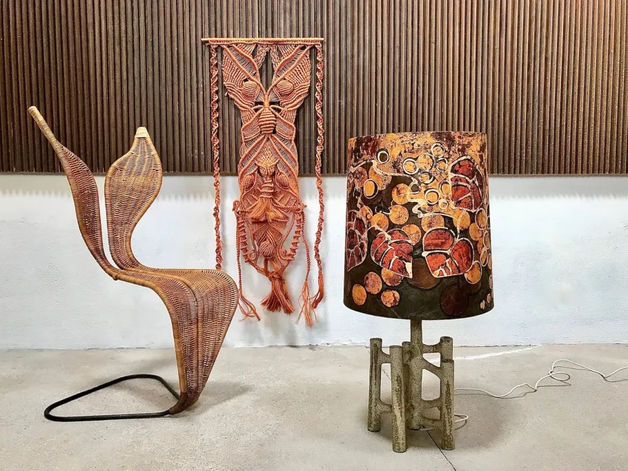 Best Pamono Large Sculptural Ceramic Table Lamp with Batik Shade, 1960s