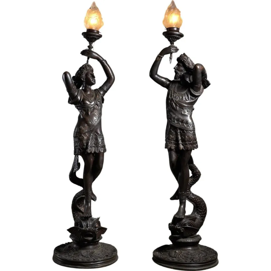 Discount Pamono Large Sculptural Male and Female Lamps in Bronze, 1920s, Set of 2