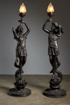 Discount Pamono Large Sculptural Male and Female Lamps in Bronze, 1920s, Set of 2