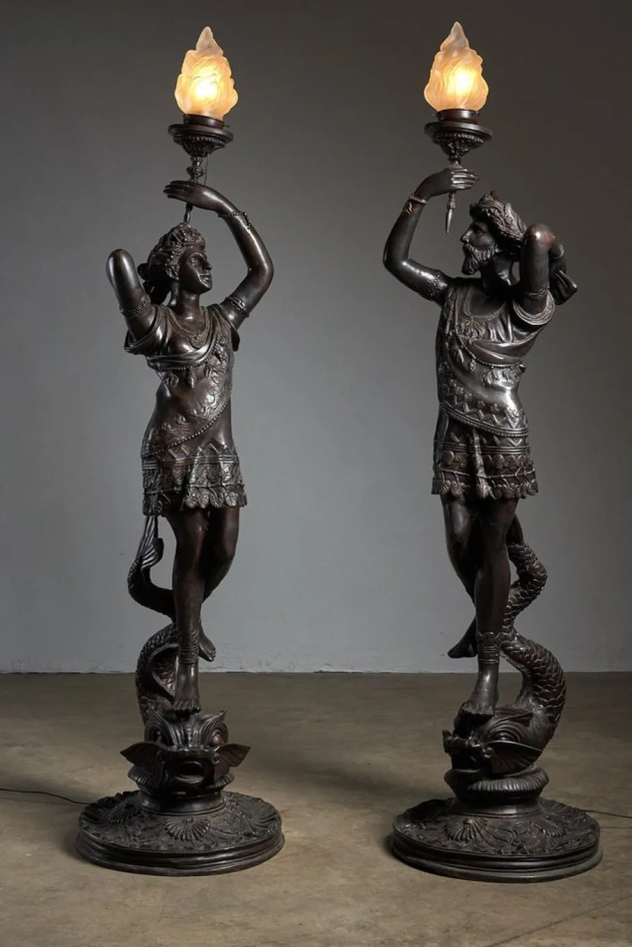 Discount Pamono Large Sculptural Male and Female Lamps in Bronze, 1920s, Set of 2
