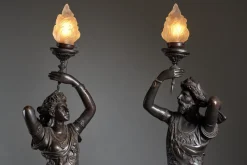 Discount Pamono Large Sculptural Male and Female Lamps in Bronze, 1920s, Set of 2