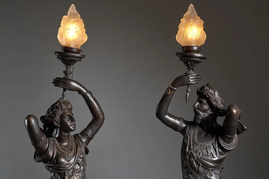 Discount Pamono Large Sculptural Male and Female Lamps in Bronze, 1920s, Set of 2