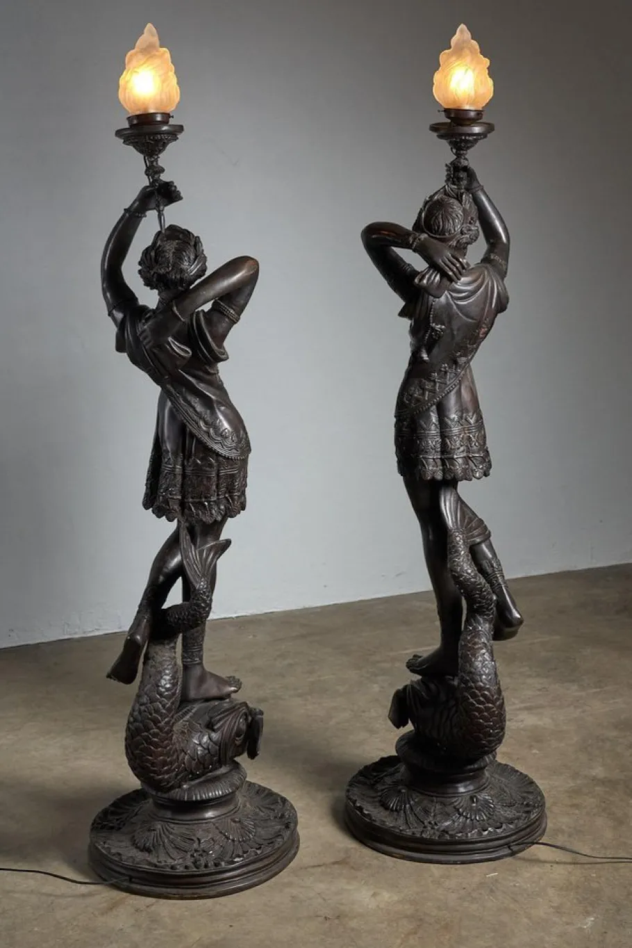 Discount Pamono Large Sculptural Male and Female Lamps in Bronze, 1920s, Set of 2