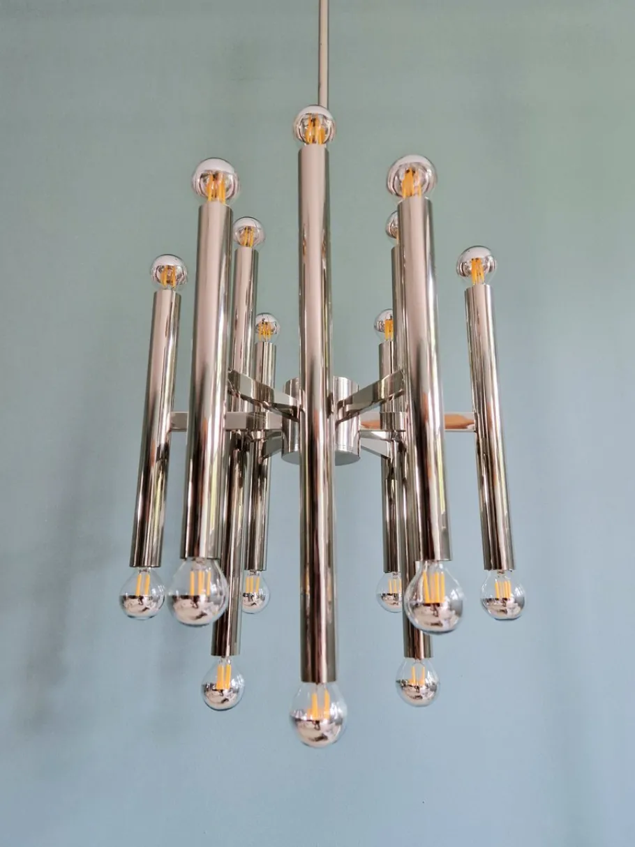 Clearance Pamono Large Space Age Chandelier in Chromed Metal attributed to Gaetano Sciolari for Boulanger, 1970s