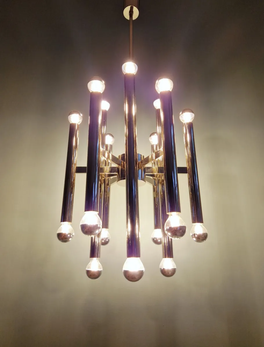 Clearance Pamono Large Space Age Chandelier in Chromed Metal attributed to Gaetano Sciolari for Boulanger, 1970s