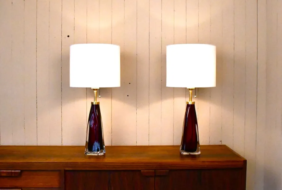Sale Pamono Large Swedish Ruby Red Art Glass Table Lamps by Carl Fagerlund for Orrefors, 1950s, Set of 2